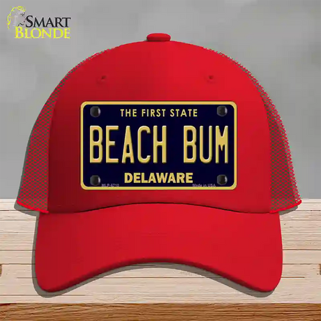 Beach Bum Delaware Novelty License Plate Hat Mesh / Red