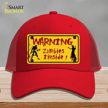 Warning Zombies Inside Novelty License Plate Hat Mesh / Red