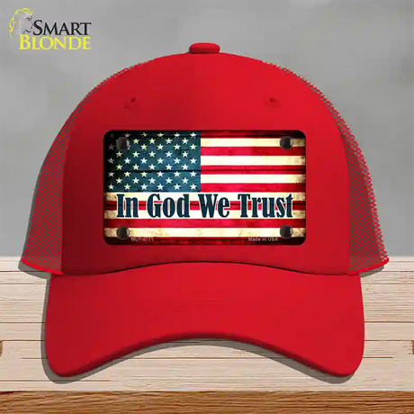 In God We Trust American Flag Novelty License Plate Hat Mesh / Red