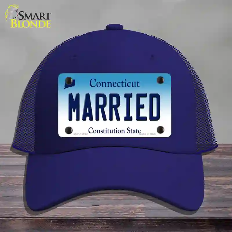 Married Connecticut Novelty License Plate Hat Mesh / Royal Blue