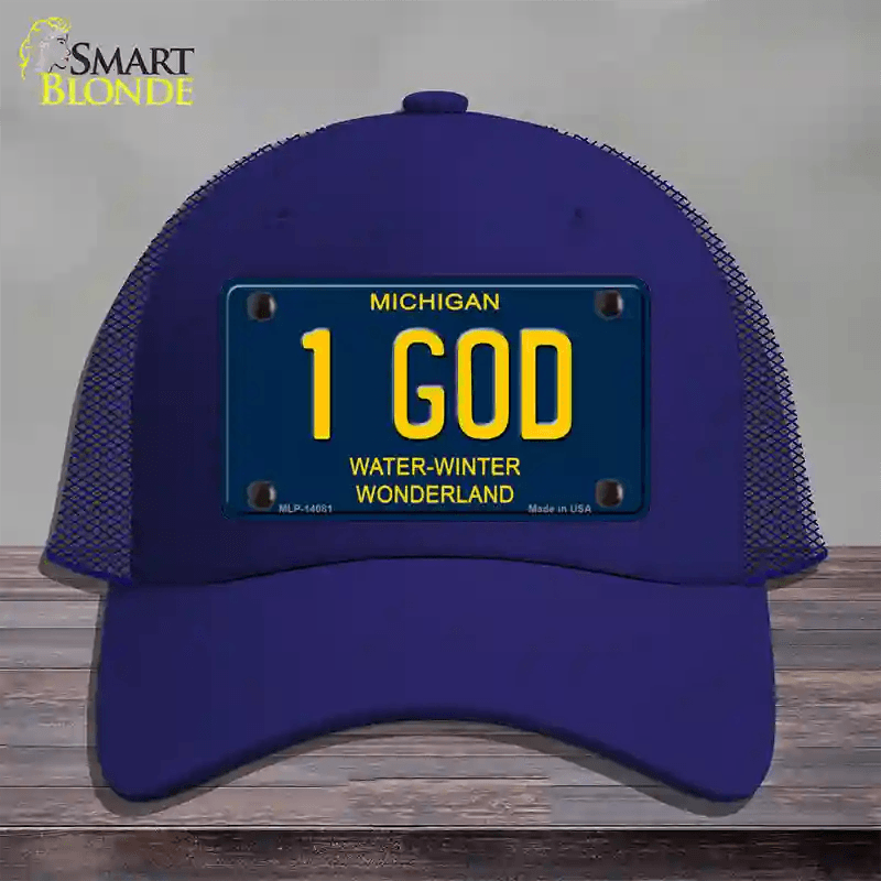 1 God Michigan Blue Novelty License Plate Hat Mesh / Royal Blue