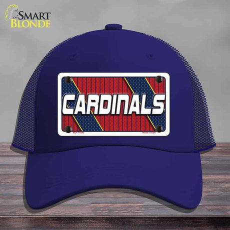 Blue mesh cap with 'Cardinals' logo on a wooden surface