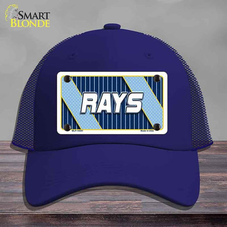 Navy blue cap with a 'RAYS' license plate design on a wooden surface.