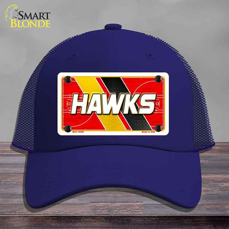 Blue cap with a 'HAWKS' license plate design on a gray background