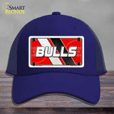 Blue cap with a 'BULLS' license plate design on a gray background