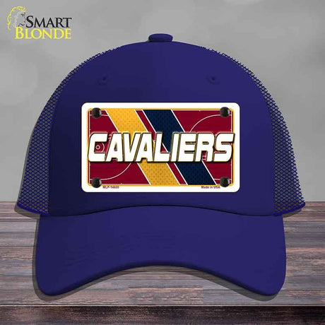 Blue cap with a Cavaliers license plate design on a wooden surface
