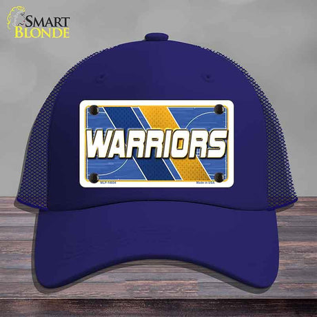 Blue cap with 'Warriors' logo on a gray background
