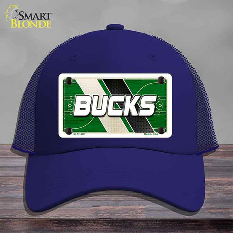 Blue cap with a 'Bucks' license plate design on a gray background