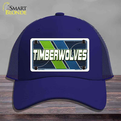 Blue cap with 'TIMBERWOLVES' design on a gray background