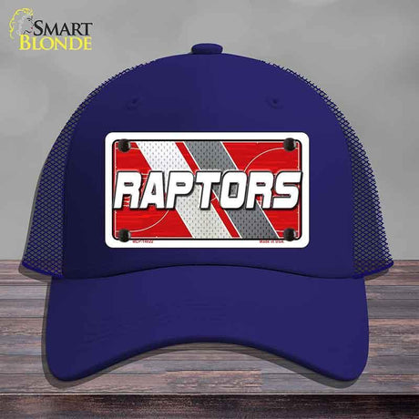 Blue cap with 'Raptors' design on a gray background