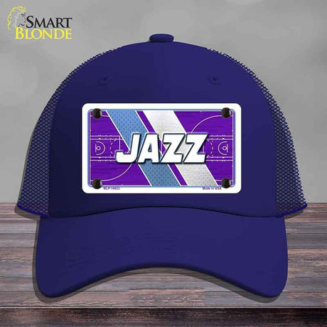 Blue cap with 'Jazz' design on a gray background