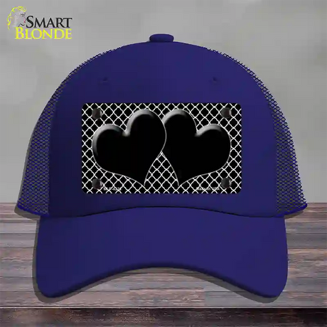 Black White Quatrefoil Black Center Hearts Novelty License Plate Hat Mesh / Royal Blue