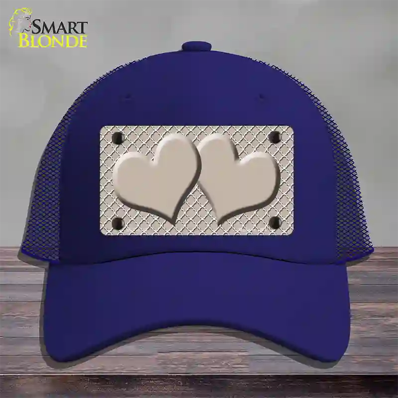 Tan White Quatrefoil Tan Center Hearts Novelty License Plate Hat Mesh / Royal Blue