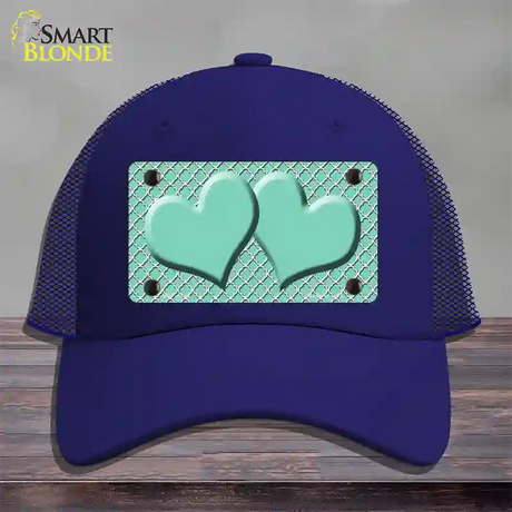 Mint White Quatrefoil And Mint Center Hearts Novelty License Plate Hat Mesh / Royal Blue
