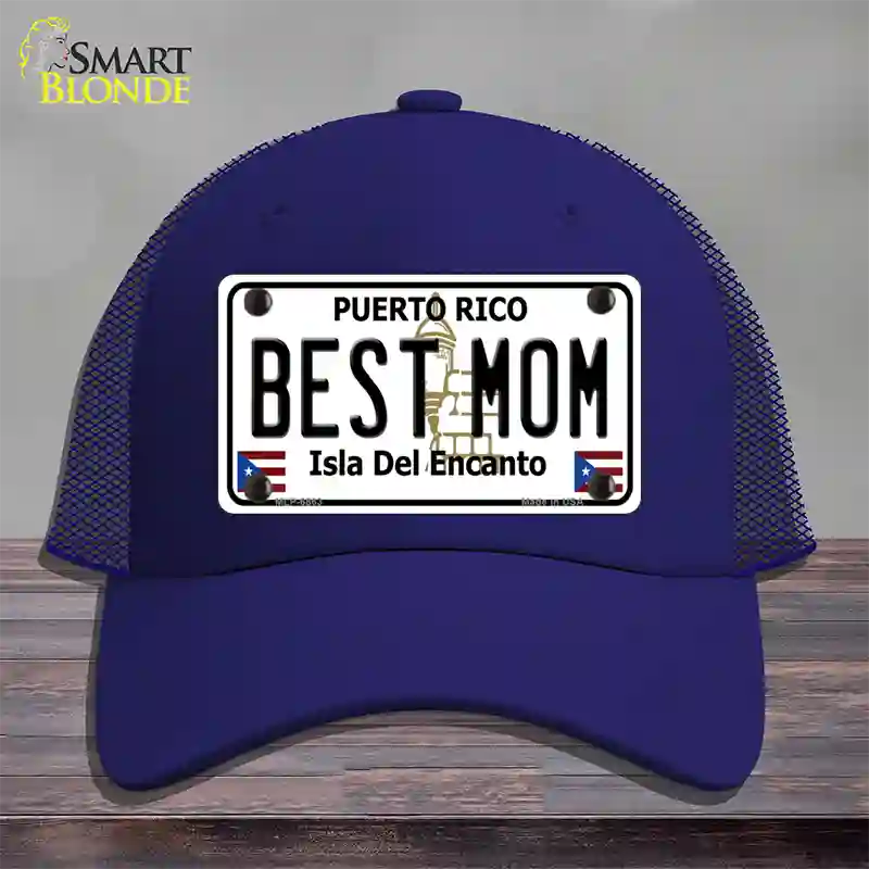 Best Mom Puerto Rico Novelty License Plate Hat Mesh / Royal Blue