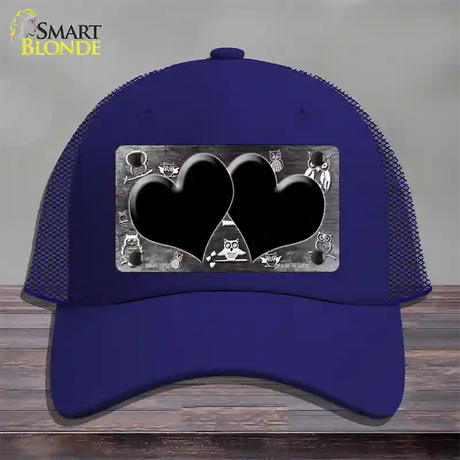 Black White Owl Hearts Oil Rubbed Novelty License Plate Hat Mesh / Royal Blue