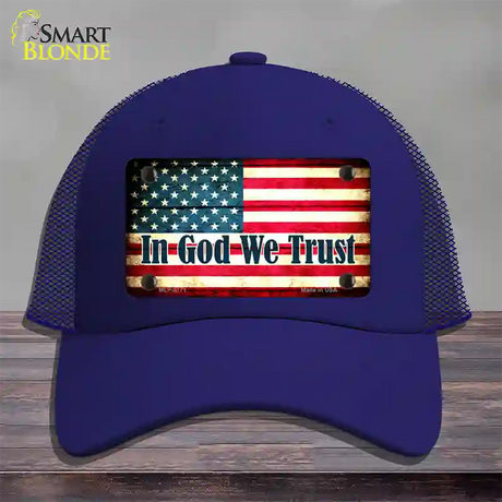 In God We Trust American Flag Novelty License Plate Hat Mesh / Royal Blue