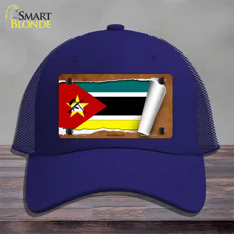 Mozambique Flag Scroll Novelty License Plate Hat Mesh / Royal Blue