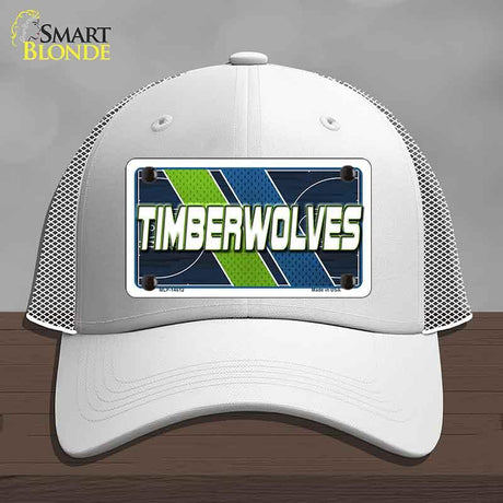 White cap with a 'Timberwolves' license plate design on a gray background