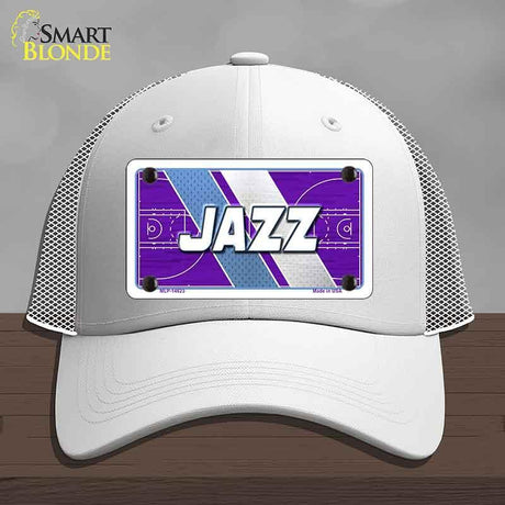 White cap with a 'Jazz' design on a gray background