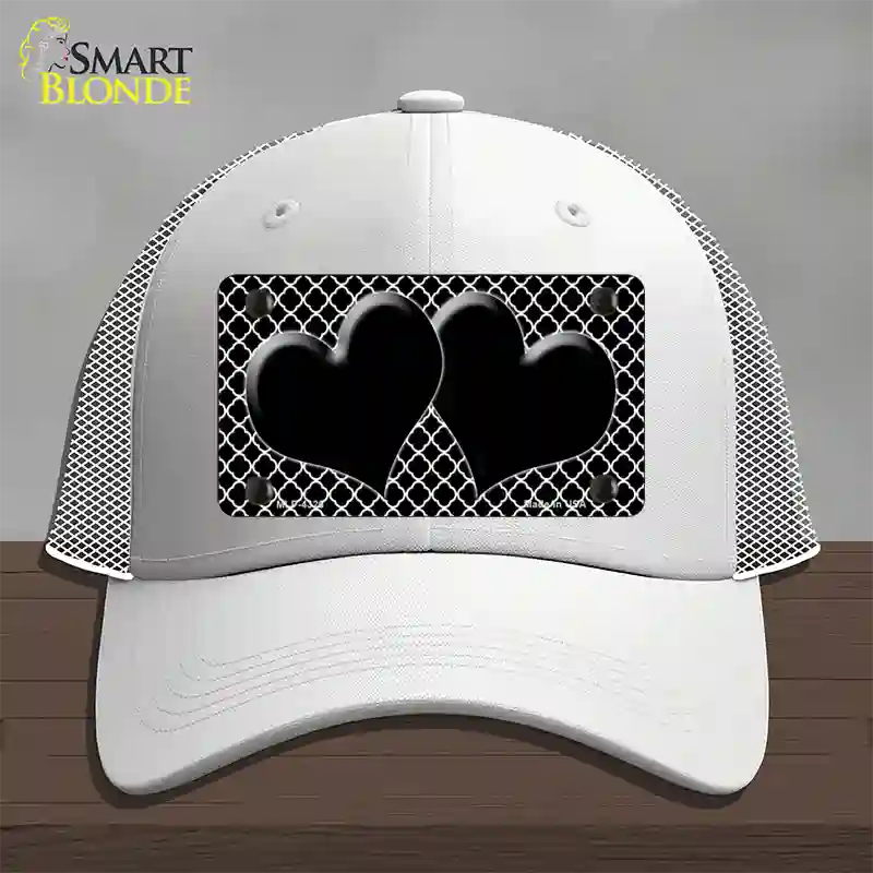 Black White Quatrefoil Black Center Hearts Novelty License Plate Hat Mesh / White