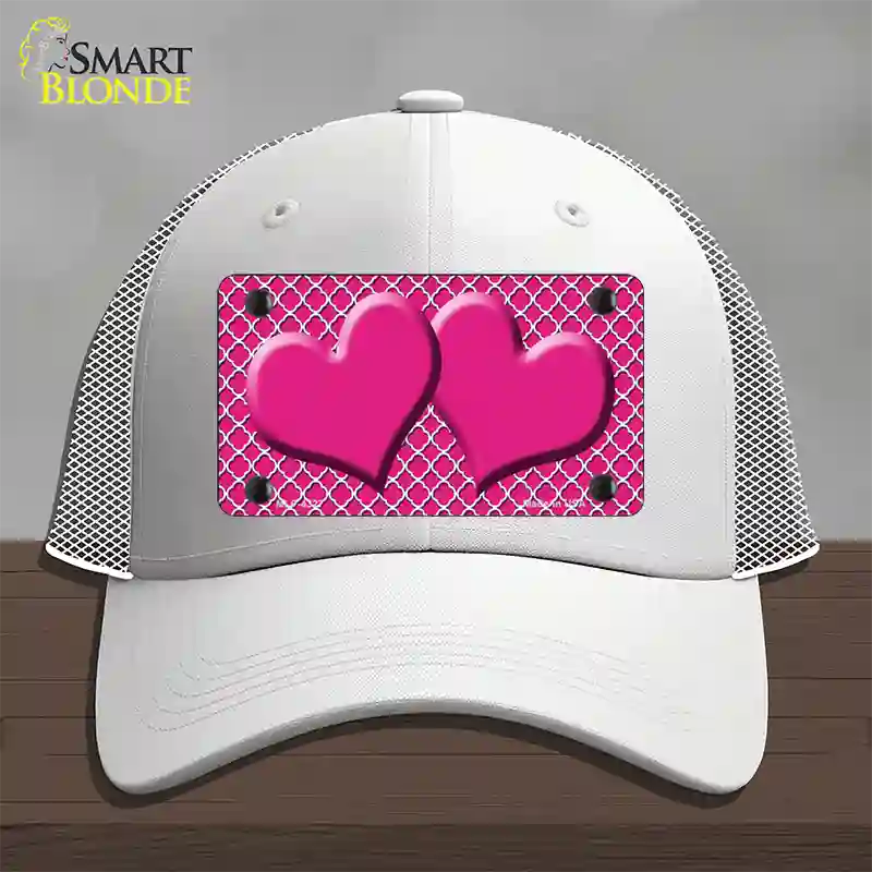 Pink White Quatrefoil Hot Pink Center Hearts Novelty License Plate Hat Mesh / White