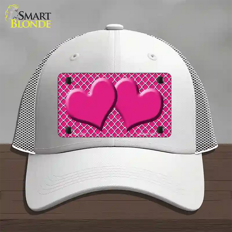 Pink White Quatrefoil Hot Pink Center Hearts Novelty License Plate Hat Mesh / White