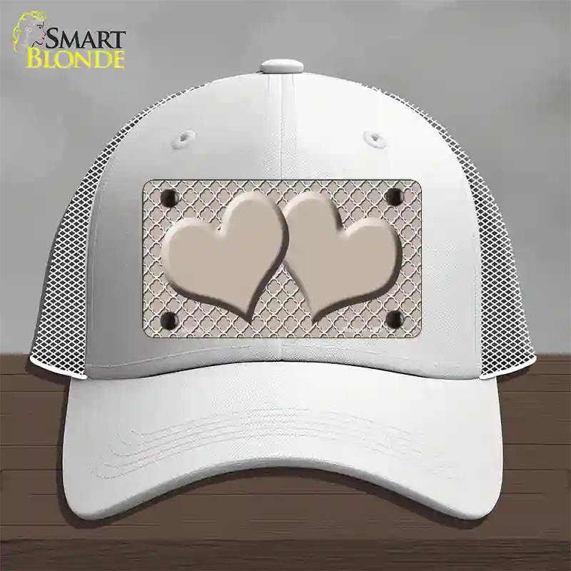 Tan White Quatrefoil Tan Center Hearts Novelty License Plate Hat Mesh / White