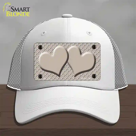 Tan White Quatrefoil Tan Center Hearts Novelty License Plate Hat Mesh / White