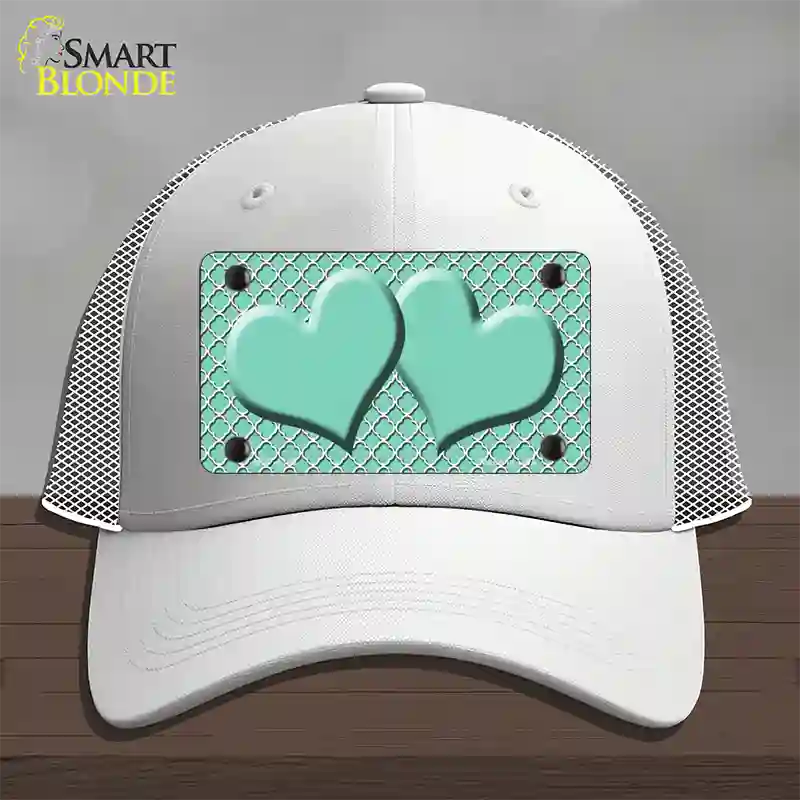 Mint White Quatrefoil And Mint Center Hearts Novelty License Plate Hat Mesh / White