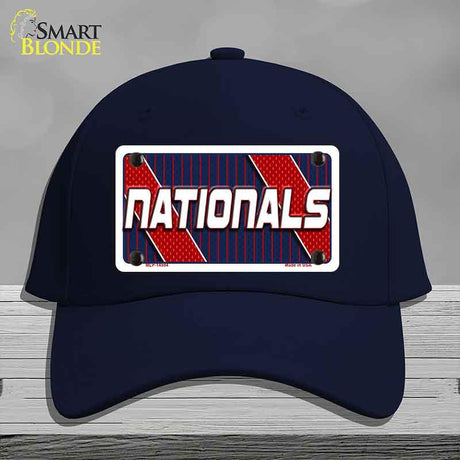 Navy blue cap with 'Nationals' design on a gray background