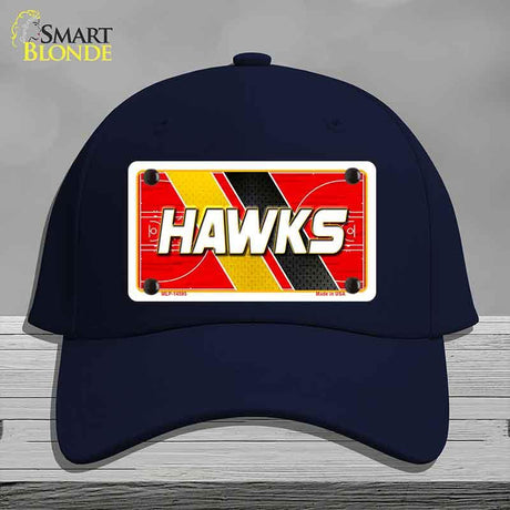 Navy blue cap with a 'HAWKS' license plate design on a gray background
