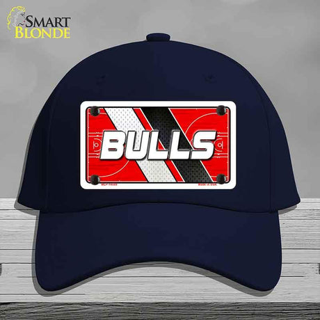 Navy blue cap with a 'BULLS' license plate design on a gray background