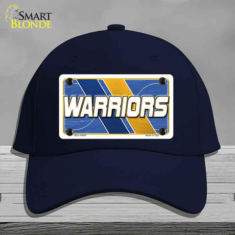 Navy blue cap with 'Warriors' logo on a gray background