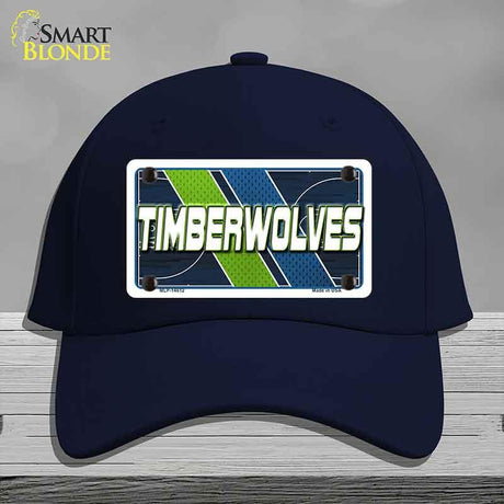 Navy blue cap with 'TIMBERWOLVES' design on a gray background