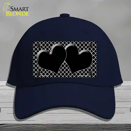 Black White Quatrefoil Black Center Hearts Novelty License Plate Hat Cotton / Navy