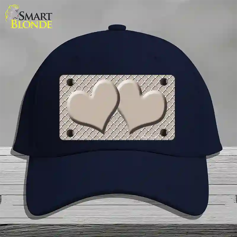 Tan White Quatrefoil Tan Center Hearts Novelty License Plate Hat Cotton / Navy