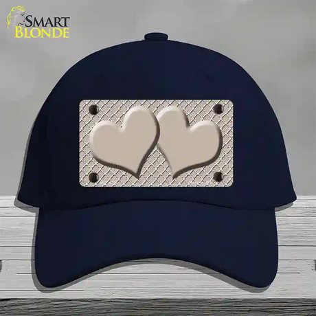 Tan White Quatrefoil Tan Center Hearts Novelty License Plate Hat Cotton / Navy