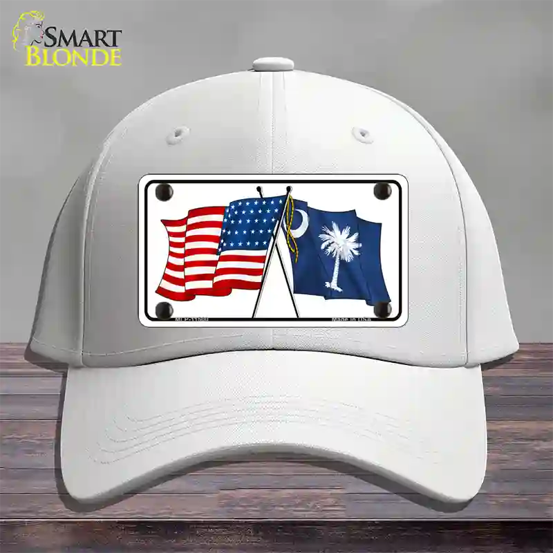 South Carolina Crossed US Flag Novelty License Plate Hat Cotton / White