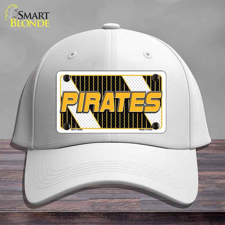 White cap with a yellow 'PIRATES' license plate design on a gray background