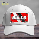 White cap with a 'BULLS' license plate design on a gray background