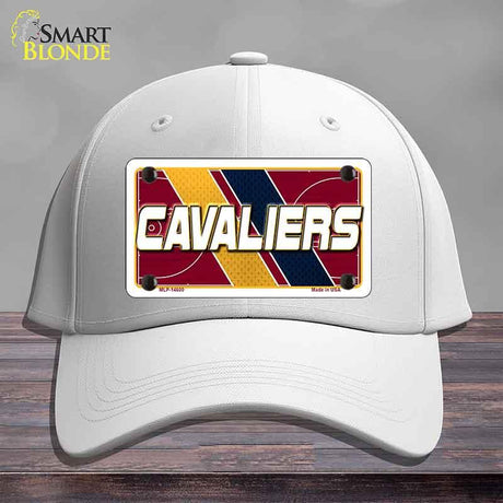 White cap with Cavaliers license plate design on a gray background