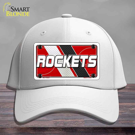 White cap with a 'ROCKETS' license plate design on a gray background