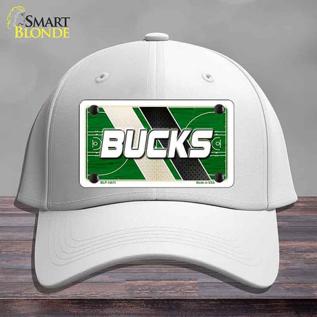 White cap with a green and white license plate featuring the word 'Bucks' on a gray background.