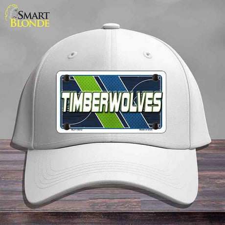 White cap with a 'Timberwolves' license plate design on a gray background