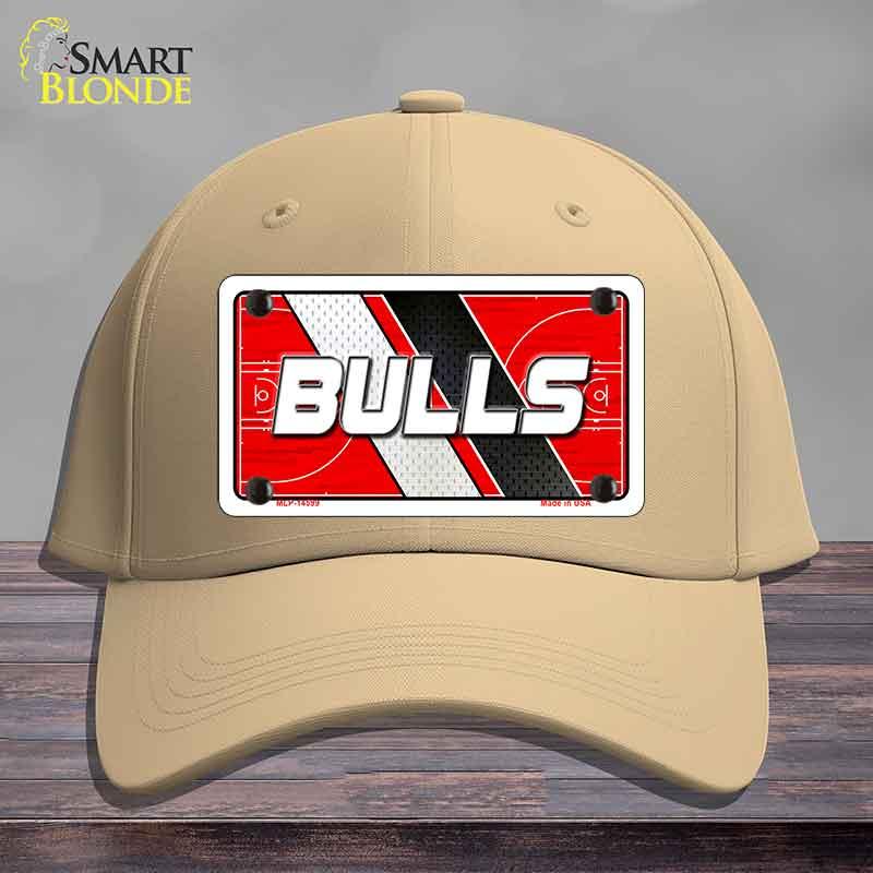 Beige cap with a 'BULLS' license plate design on a wooden surface