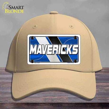 Beige cap with a 'MAVERICKS' license plate design on a wooden surface.