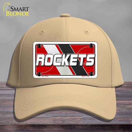 Beige cap with a 'ROCKETS' license plate design on a wooden surface