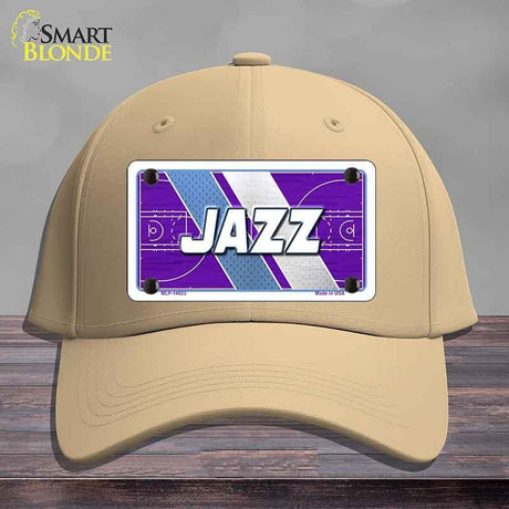 Beige cap with a 'Jazz' license plate design on a wooden surface