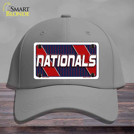 Gray cap with a 'NATIONALS' license plate design on a wooden surface